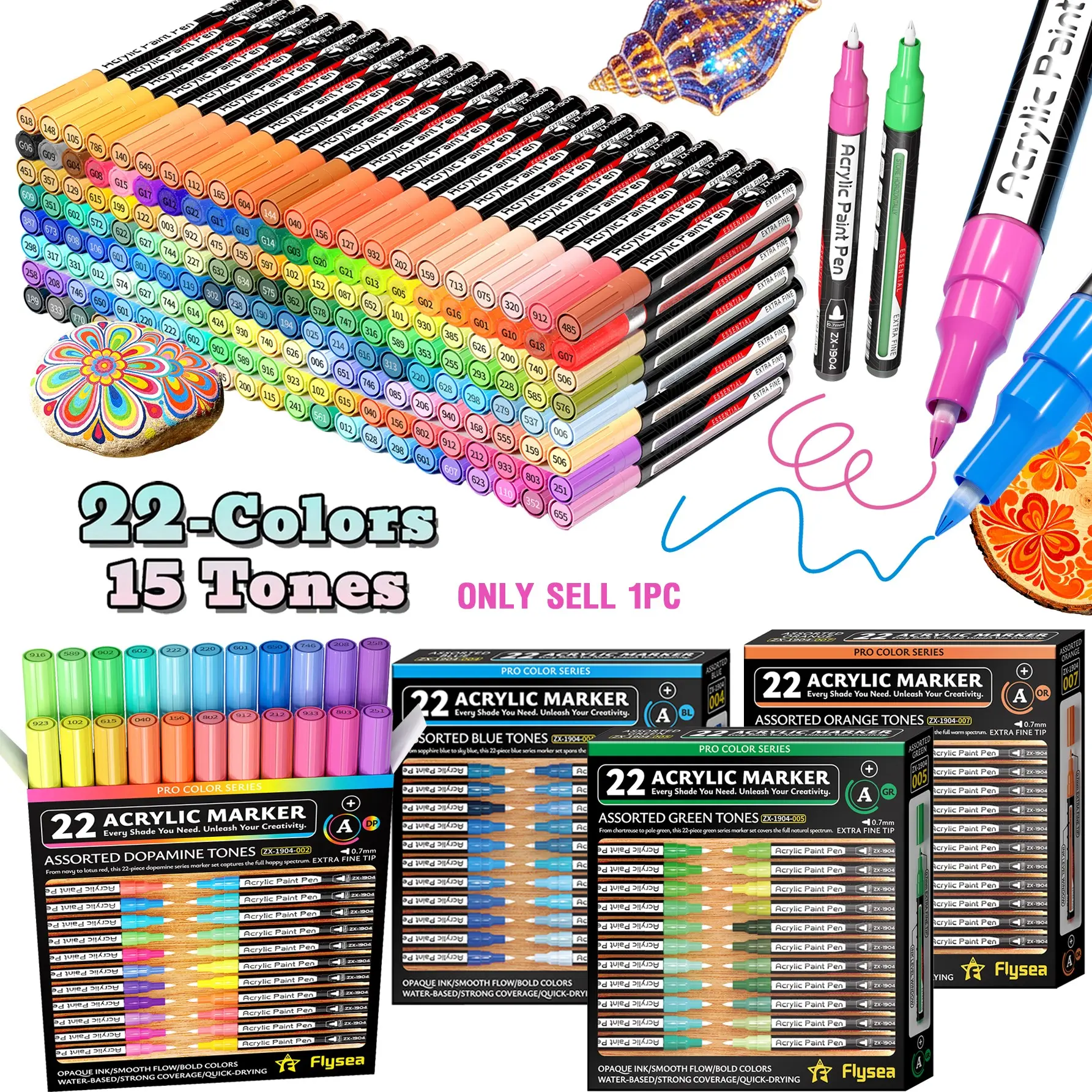 22 Color Valveless Liquid Marker Pens, 17 Color Families, Ultra-Fine Tip 0.7mm, Fast-Drying, Suitable for Stone, Wood, Metal, Glass, Canvas