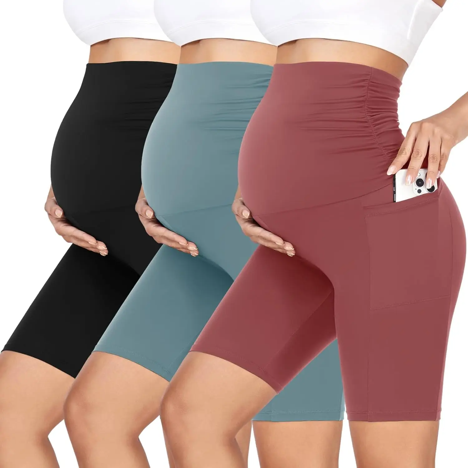 Brand Name - 3 Pack Women's Maternity Shorts Over Belly with Pockets - 8'' High Waisted, Comfy Tummy Tuck Garment for Pregnancy Pregnant