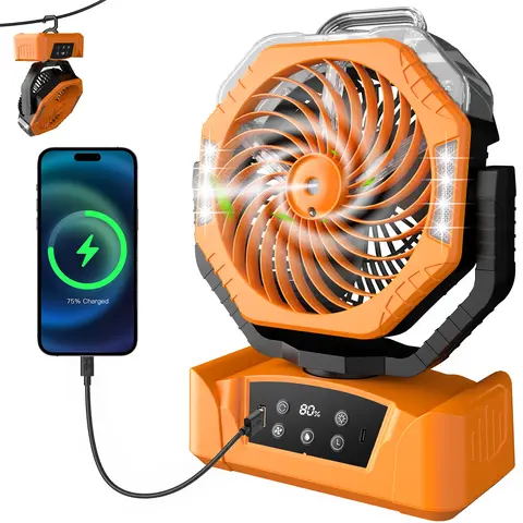20000mAh Portable Camping Fan with Spray Humidification, 4 Speed Rechargeable Tent Fan with Remote, 270° Rotation, 3 Brightness Light, Timer Function, USB Power Bank for Outdoor Camping, Travel, Home Office