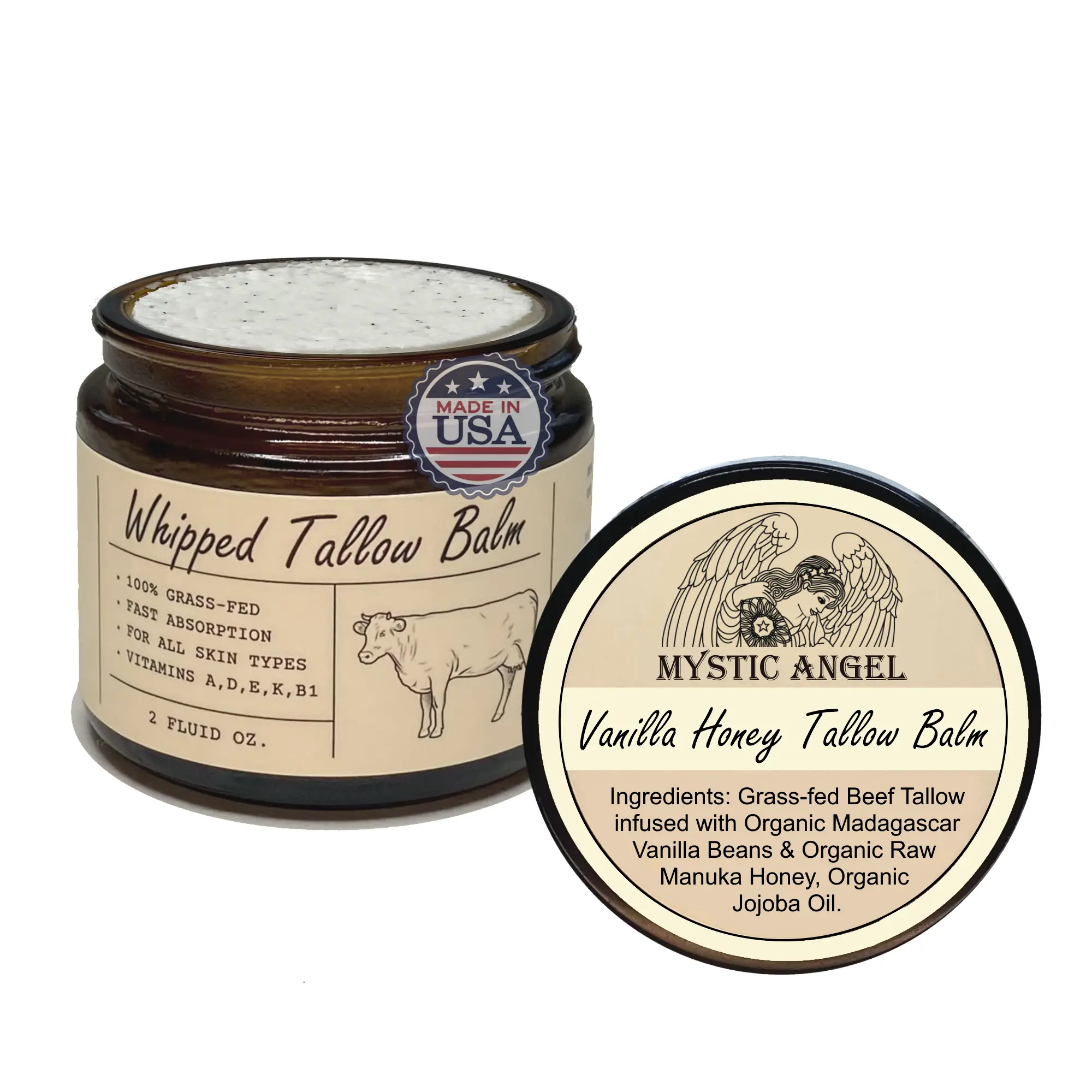 Mystic Angel Beef Tallow for Skin with Organic Manuka Honey – 100% Grass-fed/finished - Whipped All-Purpose Moisturizer for Sensitive Skin – Made in the USA