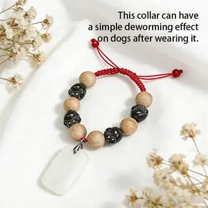 Natural Camphor Wood Beaded Dog Collar with Green Pendant – Mosquito Repellent Necklace for Small Dogs & Bichon Frise
