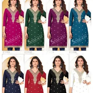 Women's Rayon V Neck Embroidery Sequence Coding Work Kurti for Casual Wear - Womenswear