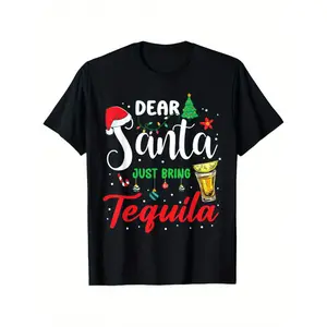 Funny Christmas Drinking T-Shirt - Dear Santa Just Bring Tequila Party Shirt - Women's & Men's Casual Holiday Tee - All-Season Comfort Fit - Black with Red Lettering - Machine Washable - Perfect for Christmas Parties, New Year's Eve, and Casual Outfits -