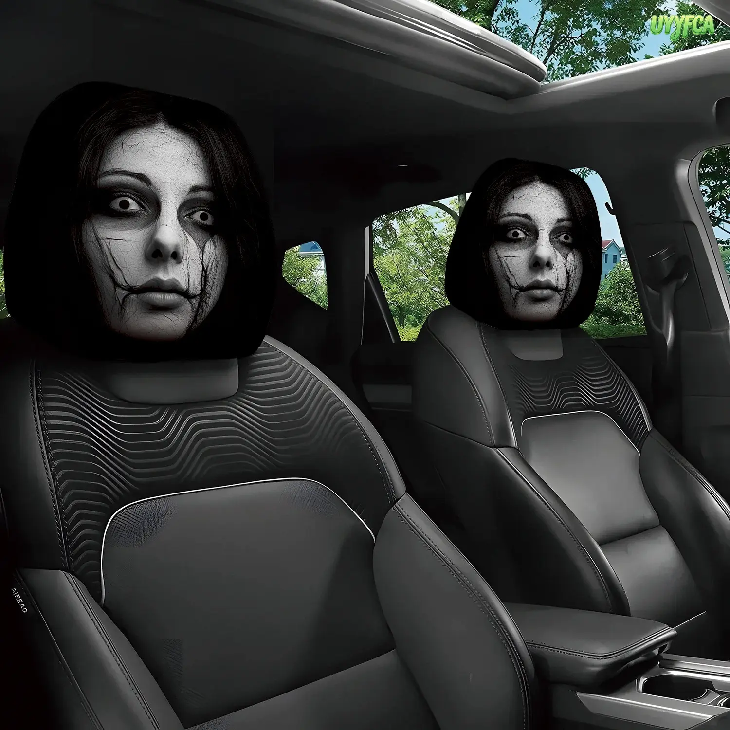 2-Pack Horror Face Car Headrest Covers, Stretchy Durable Polyester, Easy Slip-On Interior Accessories, Festive Summervibes Decor, Ideal for Daily Commute, Car Enthusiasts Gift, Car Accessories