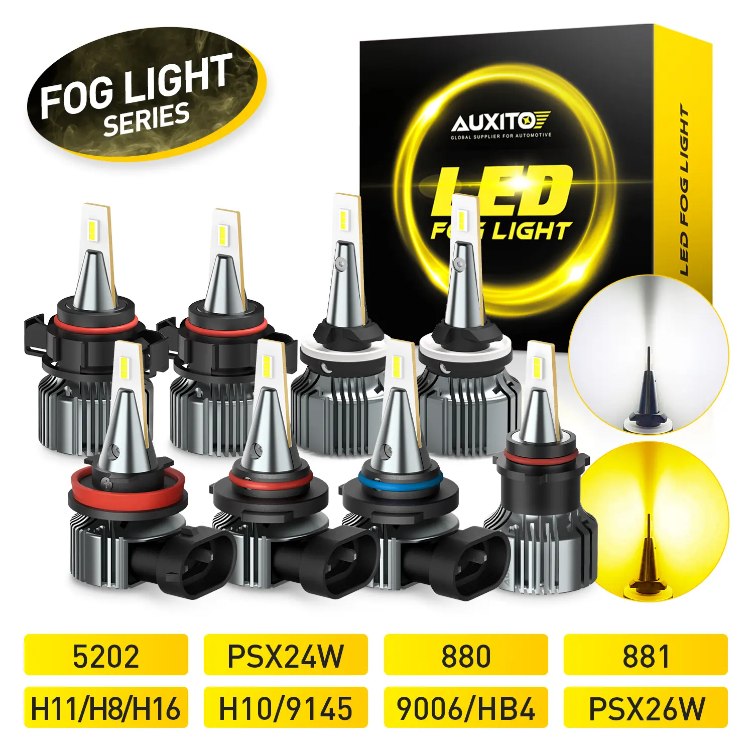 AUXITO H11/H8/H16 9145/H10 5202 880 881 9006 PSX24W PSX26W LED Fog Light Bulbs, 18000 Lumens 6000K Cool White Light/3000K Amber Yellow Light, 500% Brightness 984 FT Strong Penetration Led Fog Lights, CSP LED Chips, DRL Replacement for Cars, Pack of 2