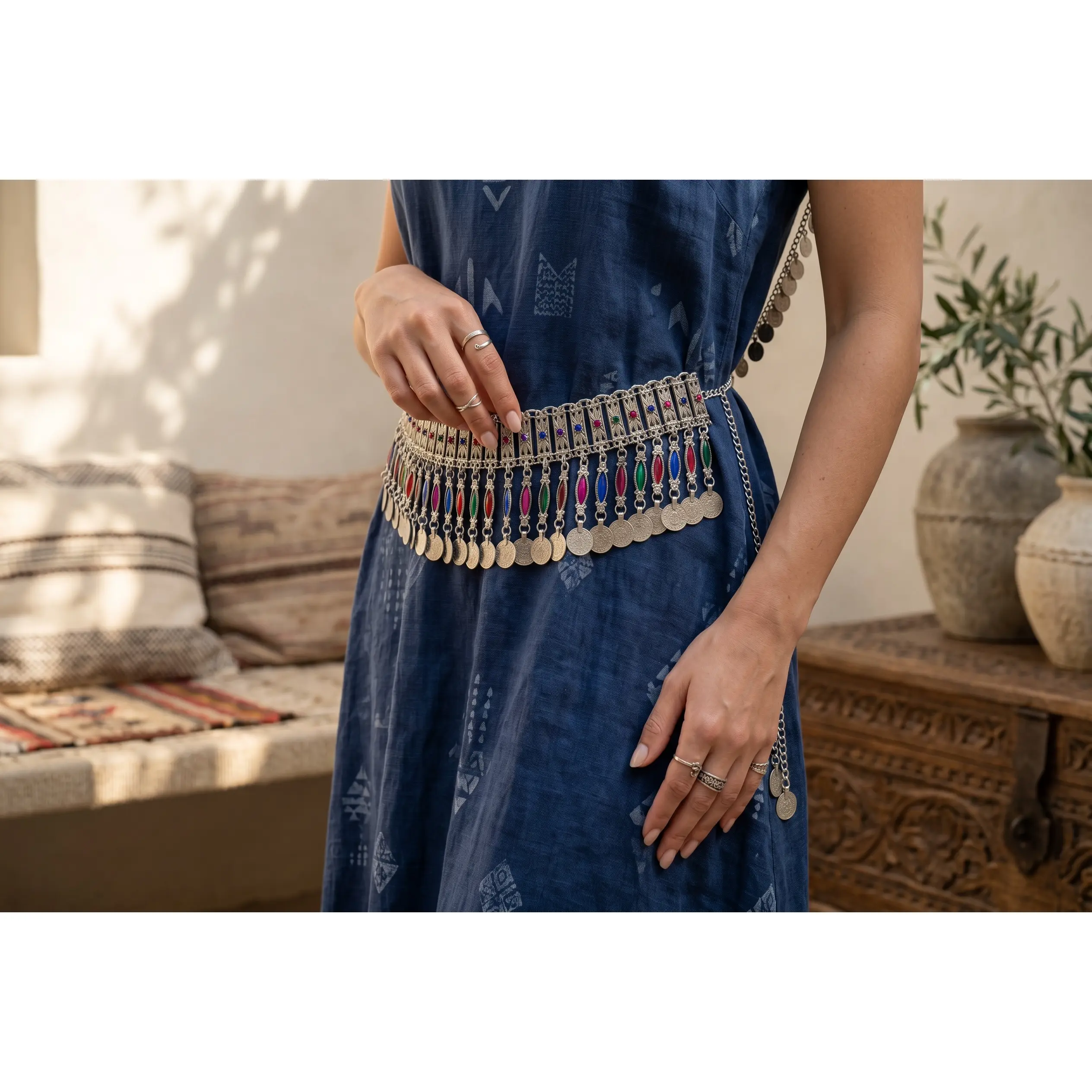Traditional Afghan Kuchi Coin Belt for Women – Silver-Tone Tribal Waist Belt with Colorful Enamel Accents | Boho Festival, Dance & Wedding Belt 017