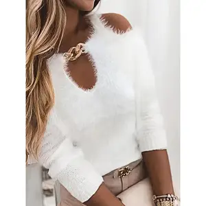 Women'S Elegant White Fuzzy Ribbed Texture Long Sleeve Off-Shoulder Sweater with Chain Detail, 100% Polyester Knit Fabric, Casual Fashion for Fall/Winter