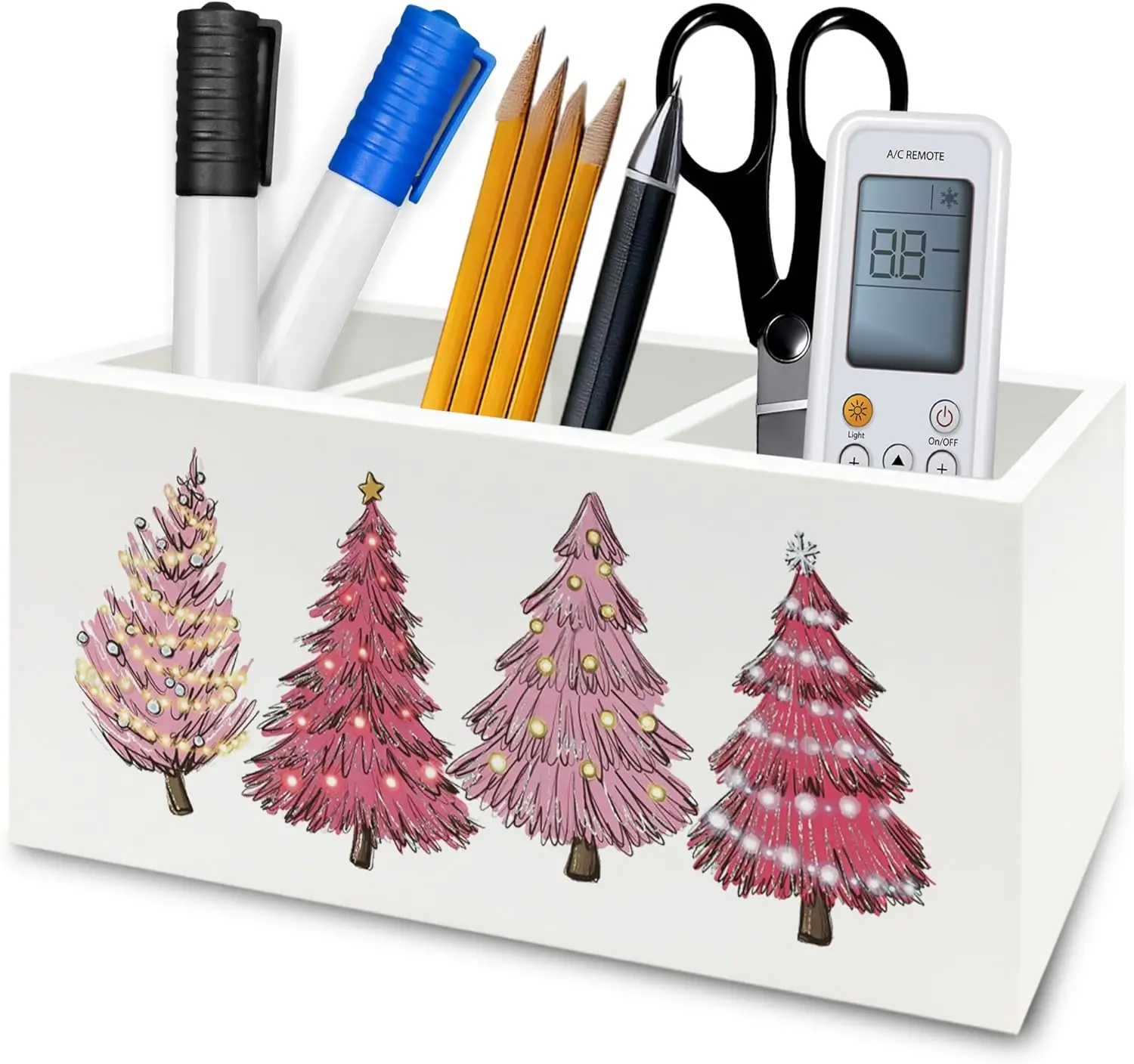 Pink Christmas Tree Pen Pencil Holder Organizer for Desk, Preppy Girly Xmas Holiday Wooden Box Signs Decorations for Girls Room Home Office Desk Tabletop, Girly Christmas Decor