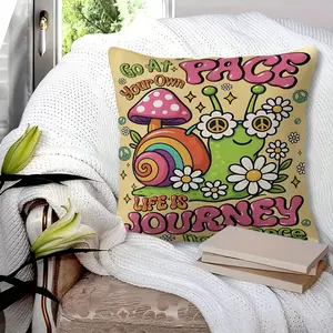 Psychedelic Snail & Mushroom Theme Throw Pillow with Digital Print, 45cm Square Design, Featuring “Go At Your Own Pace” & Vibrant Colors, Soft Cushion for Cozy Living Room, Ideal for Sofa & Bed Decor, Includes Pillow Insert.