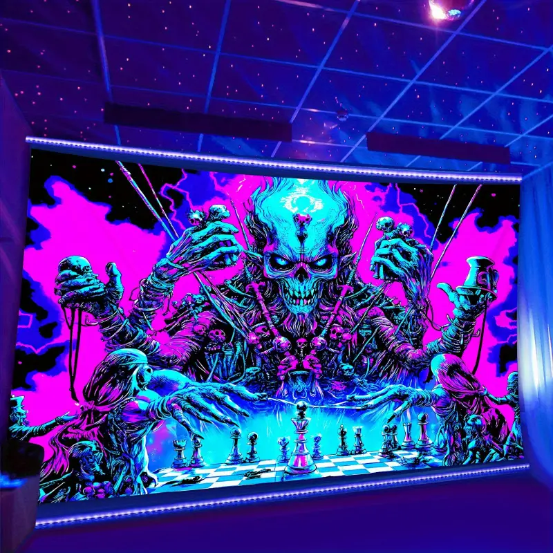 1pc Velvet Knit Neon Skull King Rectangular Tapestry - 1-Piece Synthetic Indoor Home Decor, Soft Polyester Fabric, Fabric Square Weight:140-160g, Wrinkle-Resistant, High-Quality Printing, No-Install Design, Ideal for Bedroom Decor