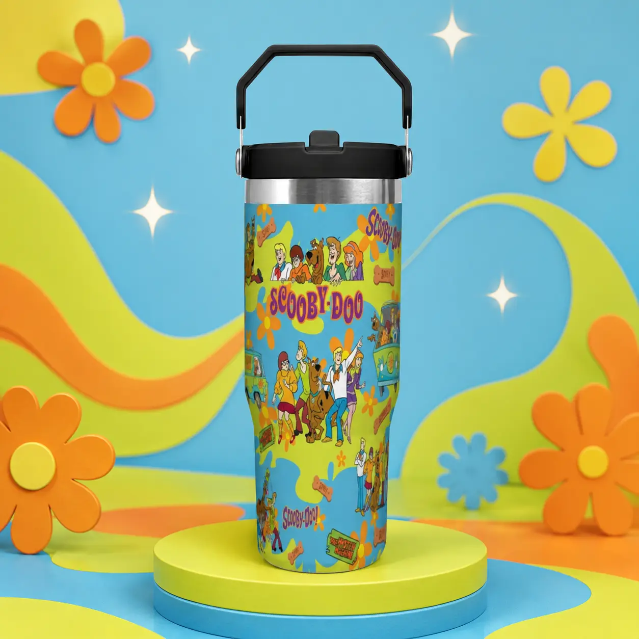 1 Pc 30oz Scooby-Doo Dog Tumbler with Handle & Folding Straw, Double Wall Insulated Stainless Steel Travel Mug, Flip Lid, Hot Cold Reusable Cup Gift