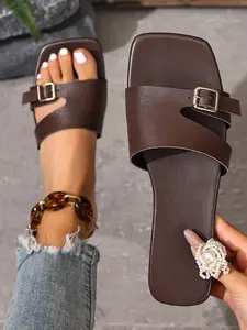 Women's Summer Lightweight Breathable Casual Flat Sandals, Open Toe Sandals, Plain PU Upper, Rubber Sole, Home Daily Wear, Comfortable Slip-On Shoes