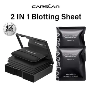 CARSLAN Black Magnet Oil Blotting Setting Sheet With Powder More Control Oil Keep Fresh 2 IN 1 Blotting Sheet with Mirror Puff & Recyclable Case 450 Sheets 1 Box 2 Refills