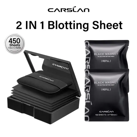 CARSLAN Black Magnet Oil Blotting Setting Sheet With Powder More Control Oil Keep Fresh 2 IN 1 Blotting Sheet with Mirror Puff & Recyclable Case, 450 Sheets 1 Box 2 Refills, Oil Sucker Blotting Paper, For Touch Up