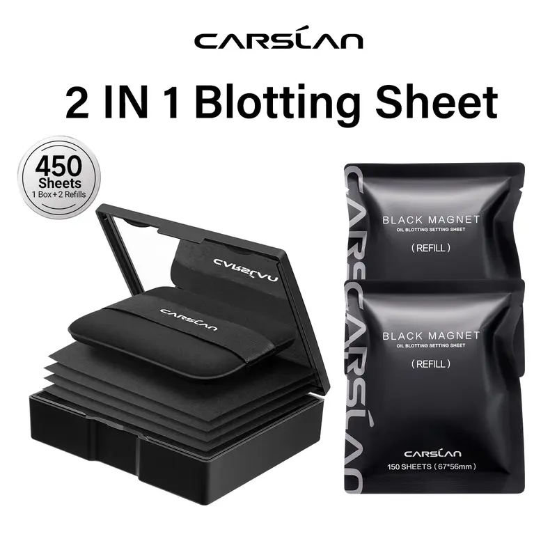 CARSLAN Black Magnet Oil Blotting Setting Sheet With Powder More Control Oil Keep Fresh 2 IN 1 Blotting Sheet with Mirror Puff & Recyclable Case 450 Sheets 1 Box 2 Refills 0