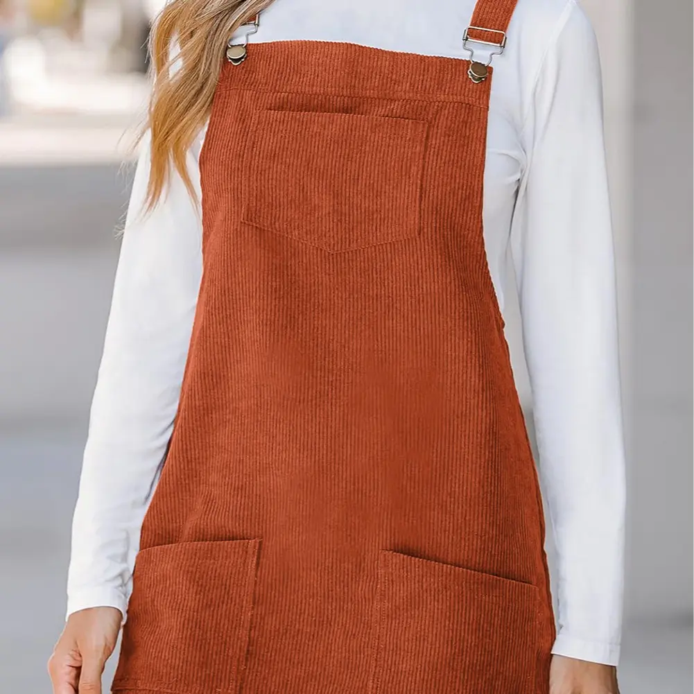 Women's Cinnamon Corduroy Overalls Dress w/Adjustable Straps | Vintage Sleeveless Jumpsuit w/Front Pockets | Women's Casual Romper for Autumn Outfits