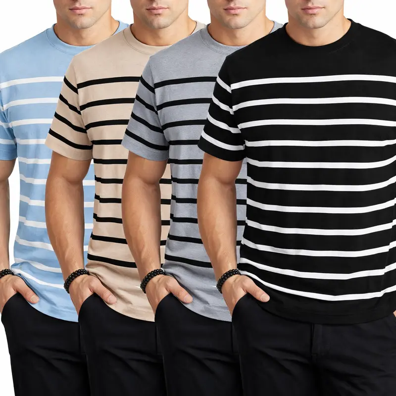 SAND SOUND Men's Round Neck Striped Short-Sleeve Knitted Sweater - 2026 Minimalist Viscose Polyester Fitted Cut Tops, Commuting Daily Menswear (Spring & Autumn)