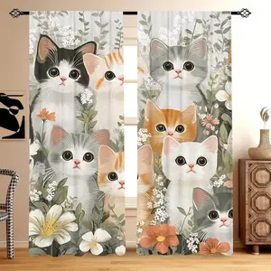 Cute Cat Print Curtains Set, Fashionable Rod Pocket Window Drapes for Bedroom & Living Room, Comfortable Atmosphere, Easy Installation