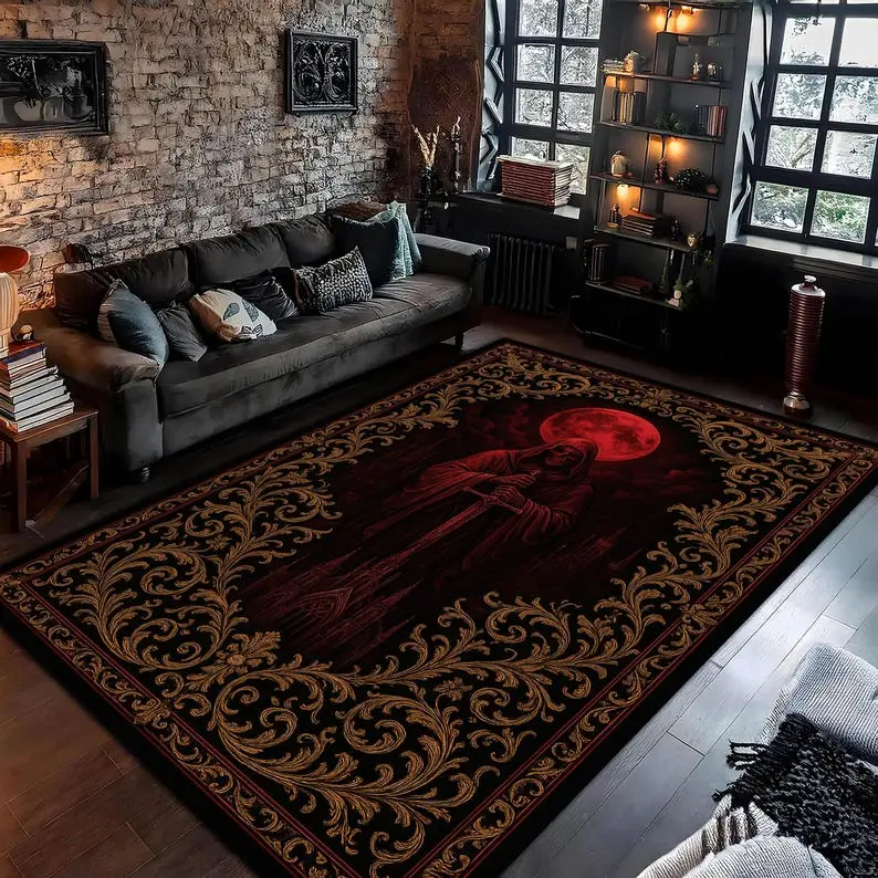 Crimson Reaper Baroque Gothic Dark Fantasy Carpet, Blood Moon Red Black, Occult Home Decor, Dramatic Living Room Floor Mat