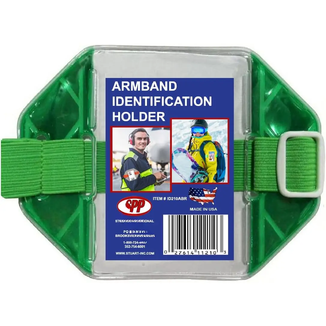 Safety Reflective Tactical ID Holder Armband for Construction, Airport, Equestrian, Warehouse Use - Green Stretch Band, White Buckle, Top Slit, Fits 2 3/4"x4 1/8" Vinyl Identification Cards