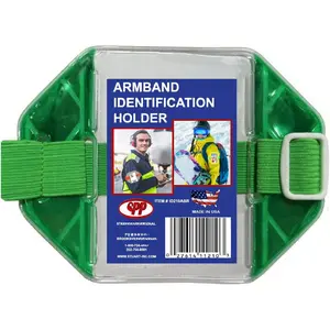 Safety Reflective Green Armband Badge Holder, Green Stretch Band, White Buckle, Fits 2 3/4" x 4 1/8" Cards, Top Slit,