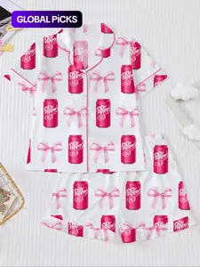 Dr Pepper Soda Can Bow Print Short Sleeve Shirt Pajama Set, Cartoon Sleepwear Two-Piece Suit, Casual Loose Fit Loungewear Home Wear