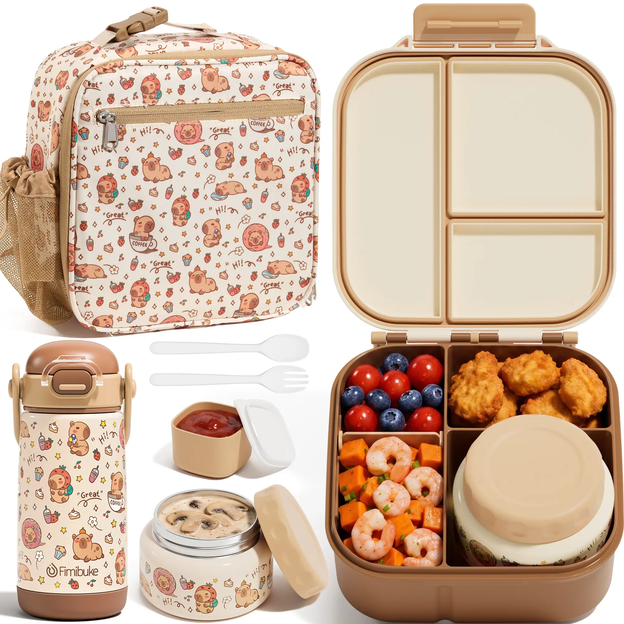 Fimibuke Bento Lunch Box w/ 8.5oz Thermo Food Jar, Leak Proof 3-4 Compartments 60oz Lunch Food Container with Utensils, Sauce Cup, Dishwasher Safe