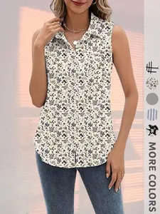 New Summer Women's Sleeveless Collared Shirt, Striped Plaid Ditsy Floral Print, Button Design, Elegant Fashion, Versatile Top for Work and Dates, Womenswear
