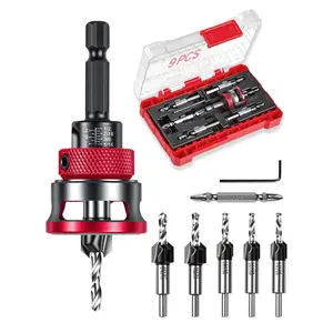 9 PCS Countersink Drill Bits Set, 5PCS Two-Flute TCT Alloy Tapered Drill Bits and Adjustable Depth Stop Collar, Wood Countersink Bit with Wrench for 82 Degree Woodworking, Plywood and MDF DIY