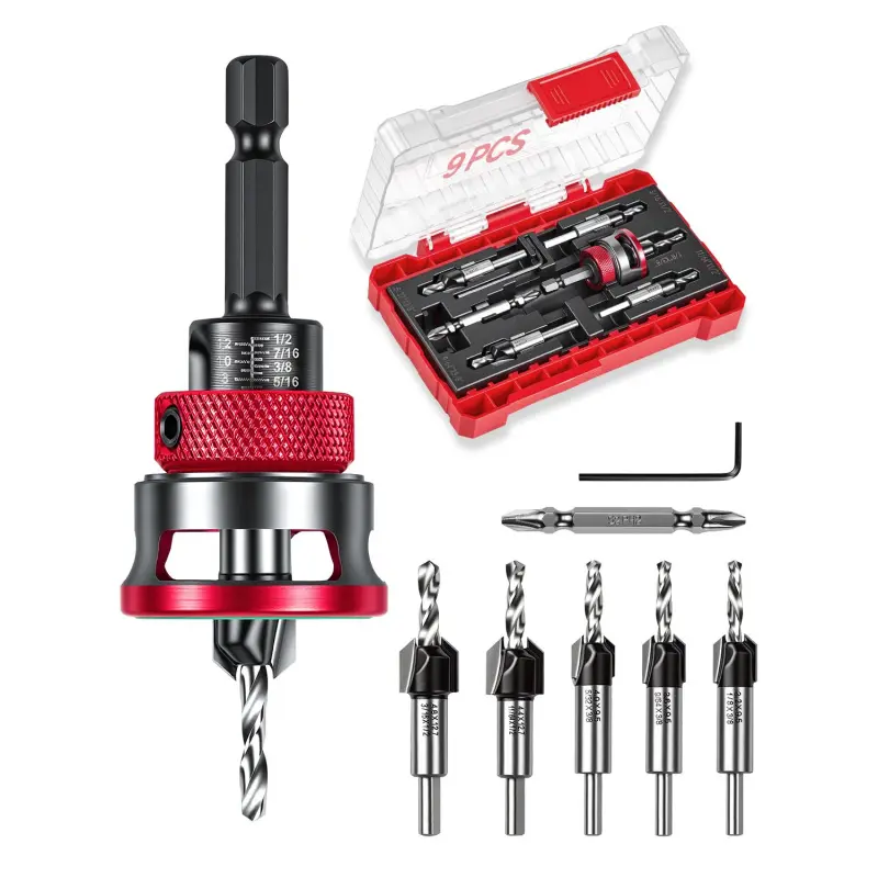 9 PCS Countersink Drill Bit Set with 5PCS Tapered Drill Bits, Adjustable Depth Stop Collar, 1/4" Hex Shank Wood Countersink Bits, 82° Angle for Wood, Plywood, MDF, DIY Carpentry, Woodworking Tools Kit
