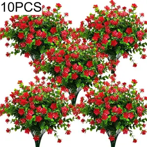 10 Bundles UV Resistant Artificial Flowers, Red Eucalyptus Shrubs for Outdoor & Indoor Decor, All-Weather Faux Plants