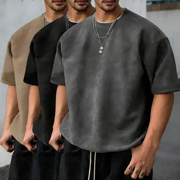 Men's Solid Color Suede Tee, Regular Fit Casual Short Sleeve Crew Neck T-Shirt for Summer, Fashion Men's Top for Daily Wear