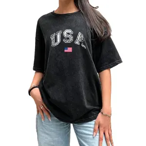 Holafish USA Print Acid Washed Shirts Oversized Half Short Sleeves Casual Graphic Baggy Tee Trendy Summer Comfortable Cotton Loose Fit Womenswear