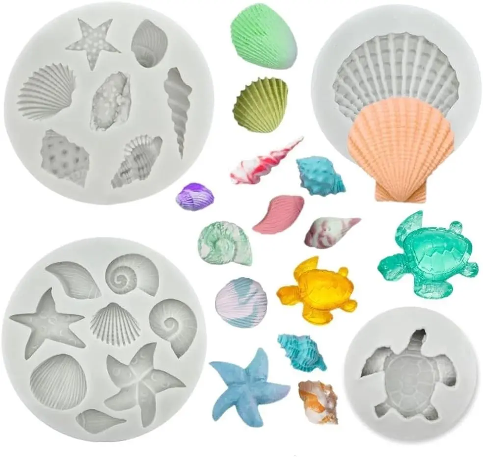4 PCS Marine Theme Cake Fondant Silicone Mold Seashell Conch Starfish Sea Turtle Baking Molds for Chocolate Cake Decoration Candy Polymer Clay DIY Crafting Projects