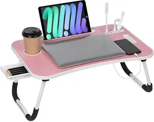 23.6 inch Portable Bed Desk, Folding Lap Desk with 4 USB Ports, Wind Fan, LED Light, Cup Holder and Side Drawer for Working, Reading, Writing, Eating on Bed, Sofa, Floor