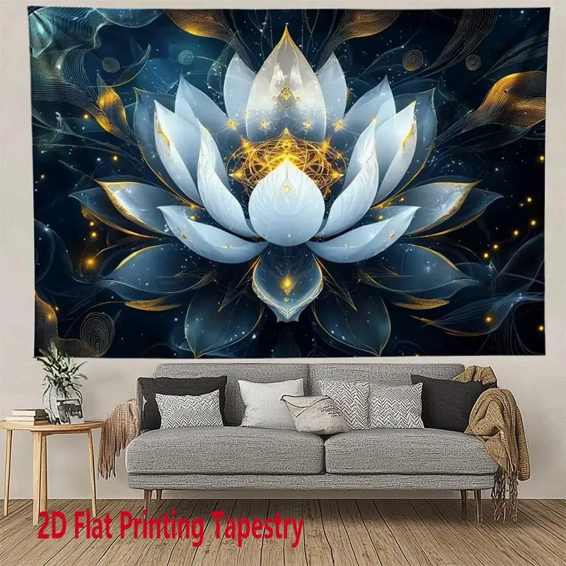 2D White & Golden Lotus Flower Tapestry - Marble-Texture Polyester Cloth Wall Hanging, Horizontal Print Art for Home Decor, Meditation Mat, Peach-Accented Boho Zen Office Decor