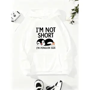 Cute Penguin Print Kangaroo Pocket Hoodie, Casual Long Sleeve Drawstring Hoodies Sweatshirt, Women's Clothing Hoodie