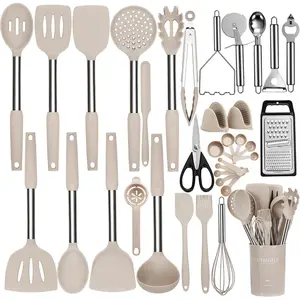 Silicone Cooking Utensils Set, 35 Pcs Kitchen Utensils Set with Holder, with Stainless Steel Handle Spatula Set, Spoons, Pasta Server, Cheese Grater, Masher, Scissors, Dishwasher Safe (Khaki)