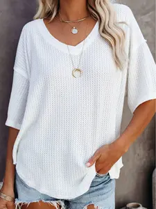 Exposed Seam Half Sleeve Knitted V Neck Textured Top, It Features A V Neckline, Dropped Short Sleeves, And Round Hem.