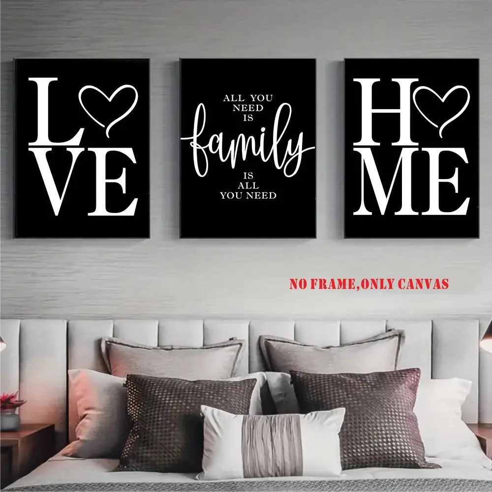 3-piece set of 2D frameless canvas prints, art canvas posters of love and home, black and white printing, modern home quotes, decorative wall art, modern aesthetic canvas, home living room wall decoration, Home decor products