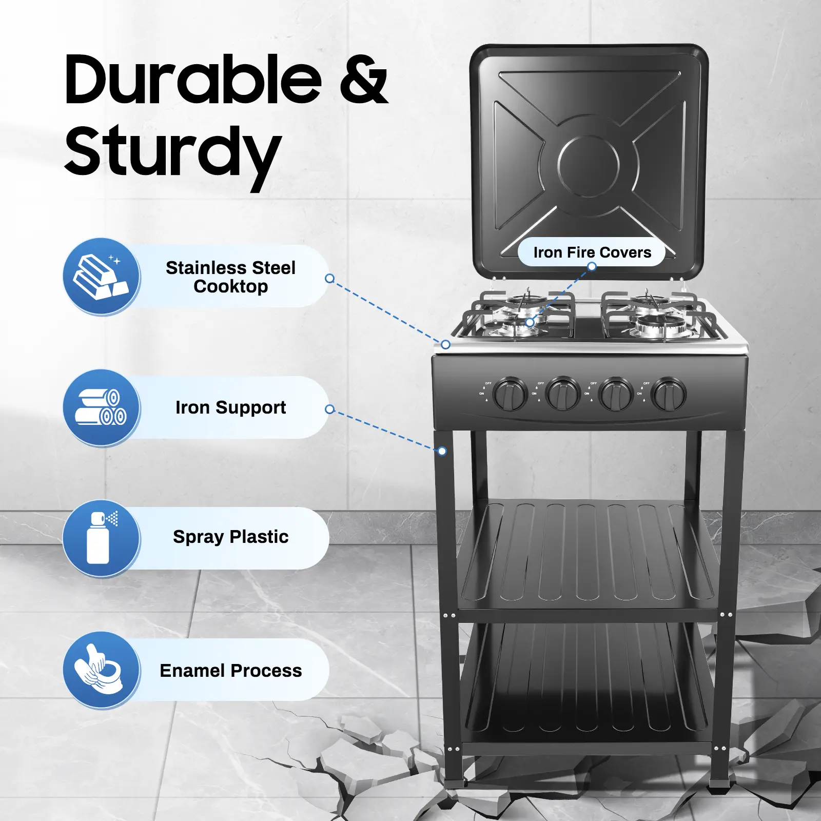 4 Burner Gas Stove Freestanding 19.3x19.3in Black for Home Outdoor Camping 2 Storage Shelves Easy to Clean Manual Ignition