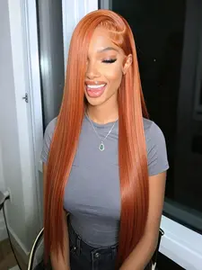 32" Burnt Copper Ginger Straight Lace Front Wig Heat-Resistant Synthetic Hair 13x4 HD Transparent Lace Pre-Plucked Natural Hairline Free Part Daily Glam & Party Wear