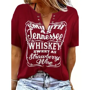 Plus Size Chic Women's V-Neck T-Shirt in Maroon with Whiskey & Strawberry Wine Quote - Casual, Breathable Polyester Blend Top, Ideal for Spring/Summer/Fall, Non-Transparent, Letter Pattern