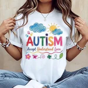 Autism Accept Understand Love Print T-Shirt Crew Neck Casual Wear For Women Autism Awareness Support And  - Sleeve, Printed