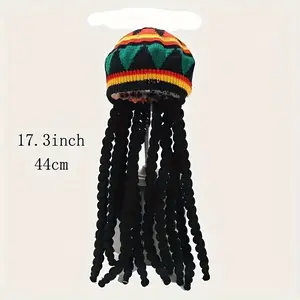Reggae Jamaican Rasta Hat with Black Dreadlocks Wig - Heat-Resistant Synthetic Hair, Natural Look for Cosplay, Halloween, Parties - Easy to Style & Maintain - Reggae Music Festival Costume Accessory, Festival Hairpiece, Bold Pattern Design,