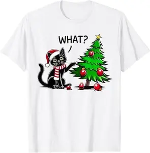Funny Black Cat Pushing Christmas Tree Over Cat What Xmas T-Shirt