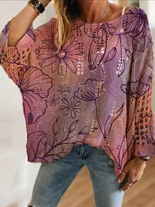 Spring Summer Women's Off-Shoulder Batwing Sleeve Knit Top Blouse with Floral Print, Lightweight Breathable Long Sleeve, Casual Elegant Vacation Wear Womenswear