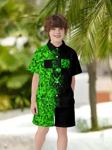 Summer Beach Vacation Minecraft Pixel Art Creeper Print Patchwork Kids Shorts Shirt Set, Casual Fitted Short Sleeve Top