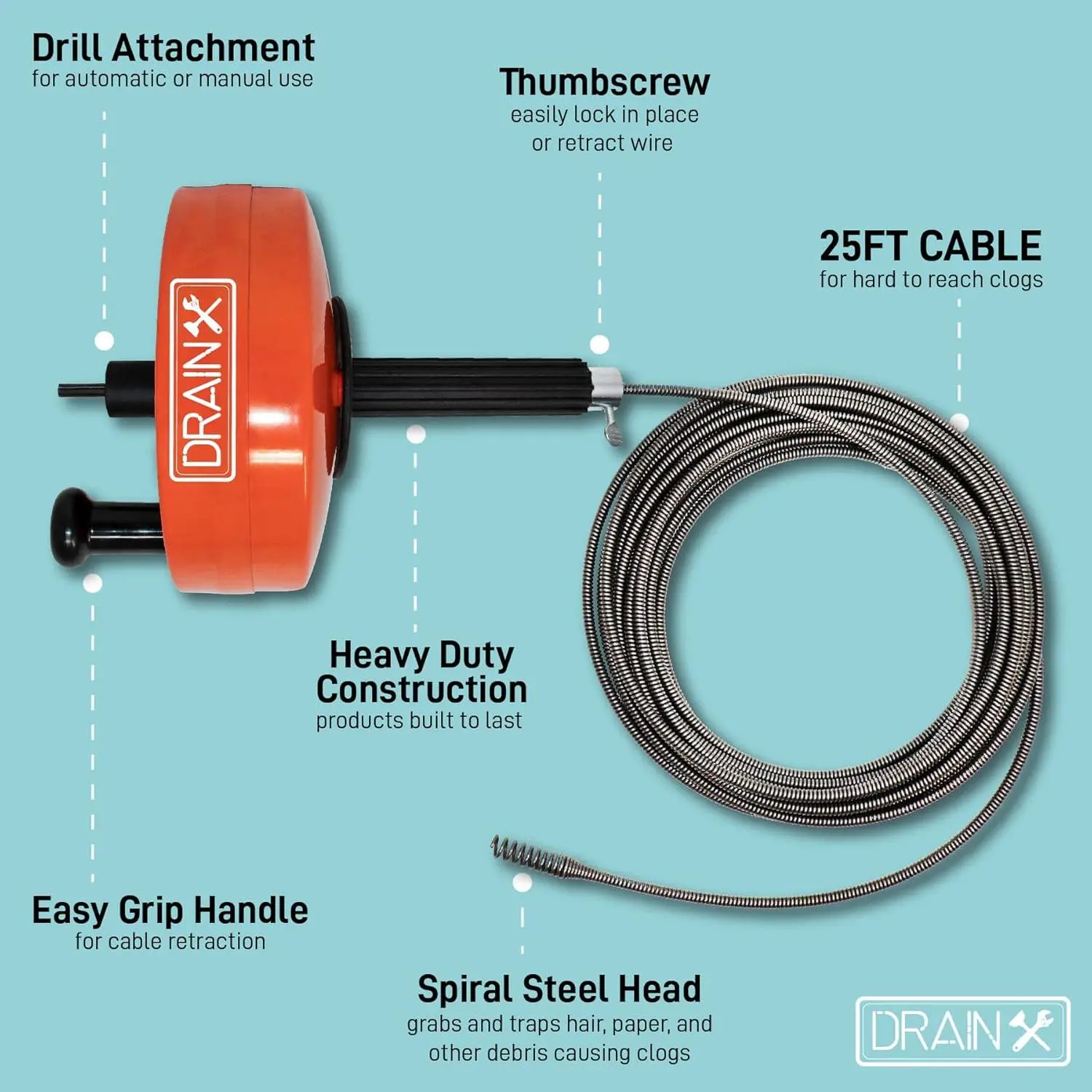 Drain Auger With Drill Attachment DrainX Power Pro 25-FT Steel Drum Auger With Drill Attachment – Manual Or Powered Drain Snake, Includes Gloves & Storage Bag