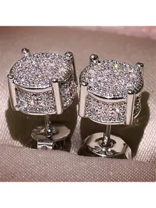 Iced Out Round Stud Earrings for Men Women, 14K Gold/Silver Plated Cubic Zirconia Cluster Earrings, Hypoallergenic Sterling Silver Post, Hip Hop Bling Statement Jewelry, Perfect for Daily Wear & Gifting